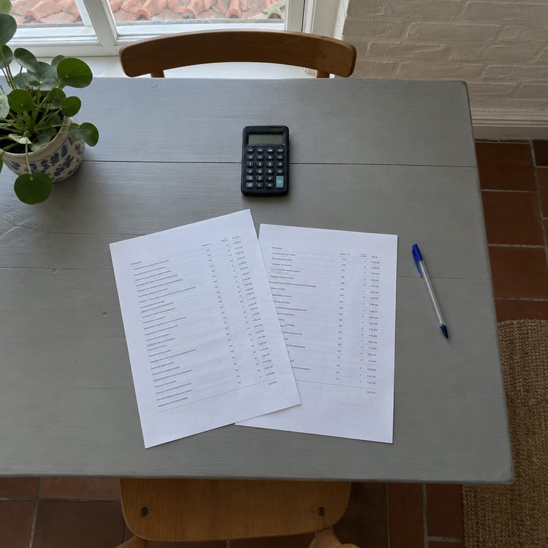 Køkkenbord med to tilbud på tømrerarbejde, lommeregner og pen set oppefra